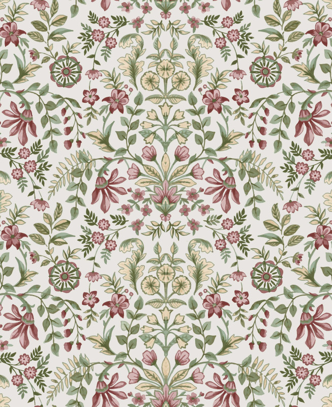 Carta da Parati Cristiana Masi - Beige, Verde, Rosso - Fiori Country 12328