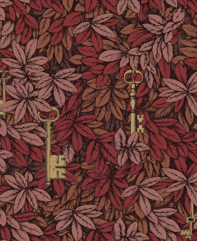 Fornasetti Senza Tempo Wallpaper - Chiavi Segrete - Autumnal Leaves Crimson & Metallic Gold