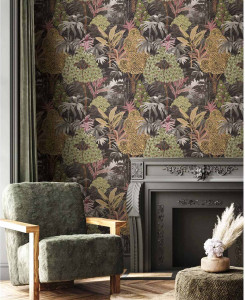 Cristiana Masi Wallpaper - Green, Gray, Taupe, Red -  Botany House 15577