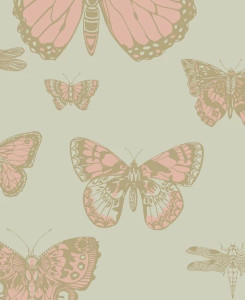 Carta da Parati Cole & Son - Butterflies & Dragonflies - Verde & Rosa