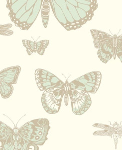 Carta da Parati Cole & Son - Butterflies & Dragonflies - Beige & Verde