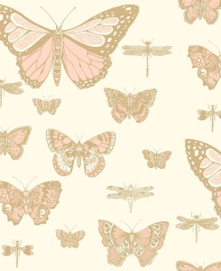 Carta da Parati Cole & Son - Butterflies & Dragonflies - Beige & Rosa