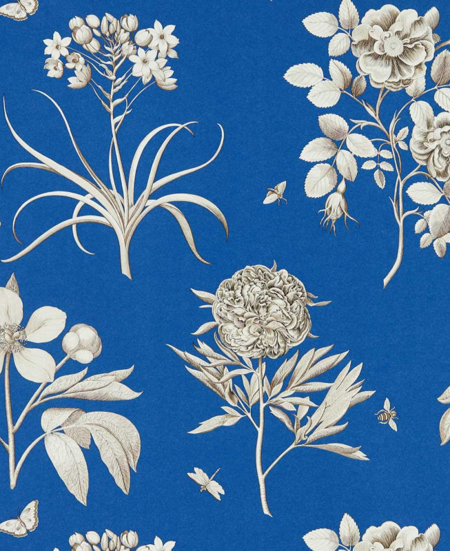 Sanderson Wallpaper - Etchings & Roses - Dark Blue & Beige