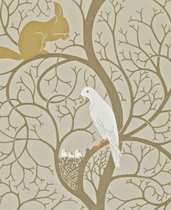 Sanderson Wallpaper - Squirrel & Dove - Brown, Gold & White