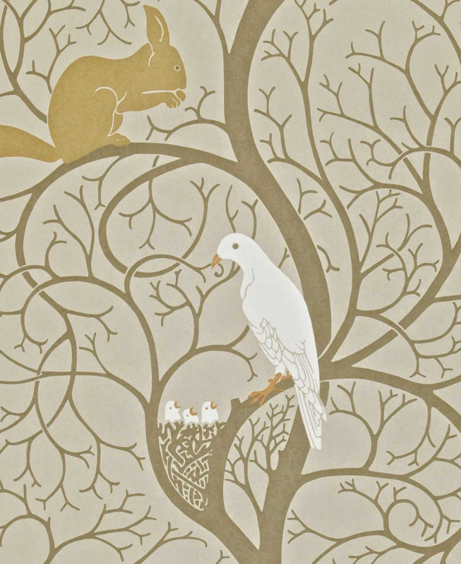 Sanderson Wallpaper - Squirrel & Dove - Brown, Gold & White
