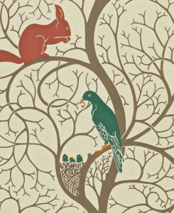 Carta da Parati Sanderson - Squirrel & Dove - Marrone, Verde & Rosso
