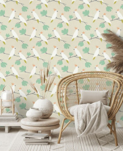 Scion Wallpaper - Love Birds - Beige, White & Green