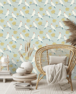 Scion Wallpaper - Love Birds - Blue, White & Yellow