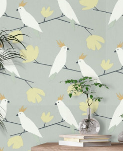 Scion Wallpaper - Love Birds - Grey, White & Yellow