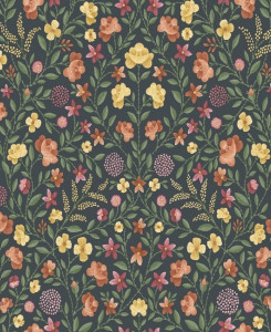 Cole & Son Wallpaper - Court Embroidery - Marigold, Tangerin & Red flowers on Charcoal