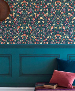 Cole & Son Wallpaper - Court Embroidery - Marigold, Tangerin & Red flowers on Charcoal